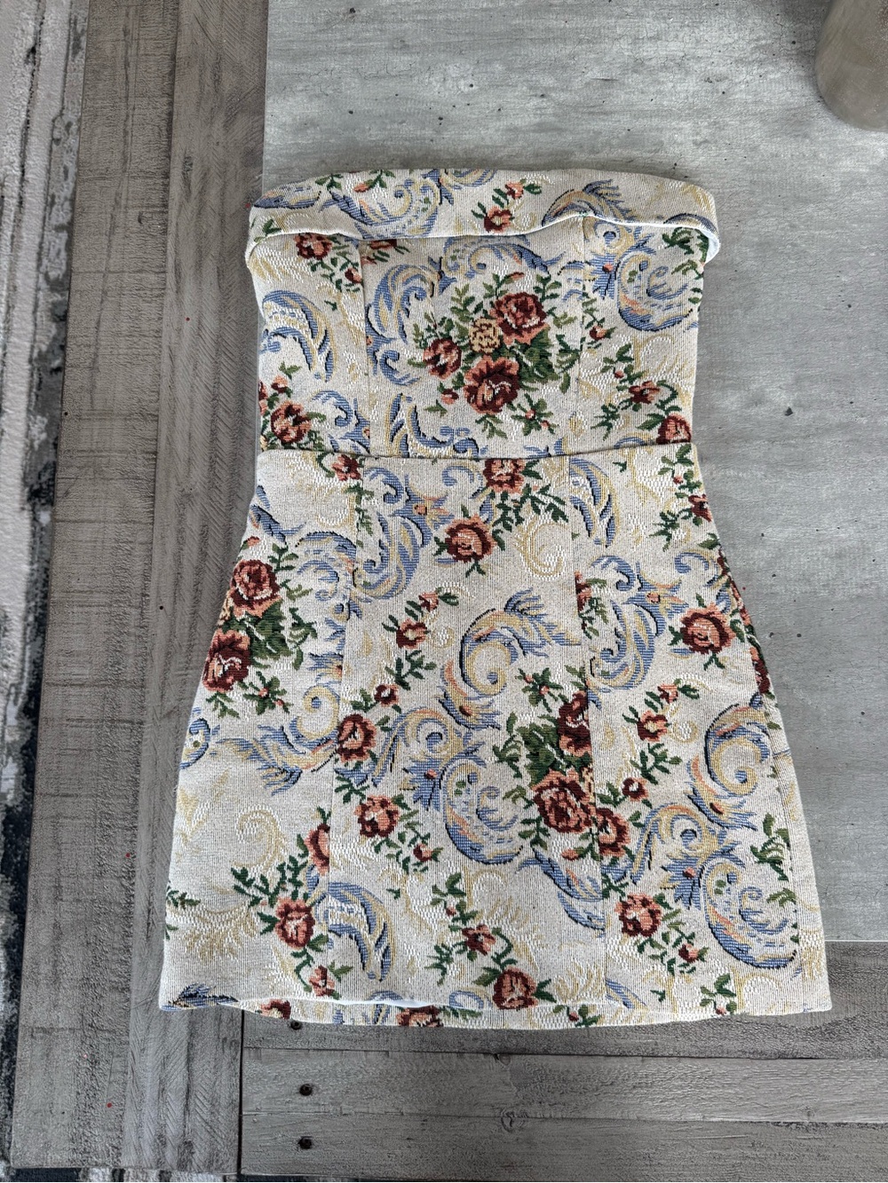Edikted Strapless Floral Jacquard Mini Dress in Cream with Blue, Green & Rose